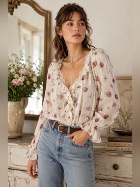 Floral Cottagecore Lace Bodysuit M Free People